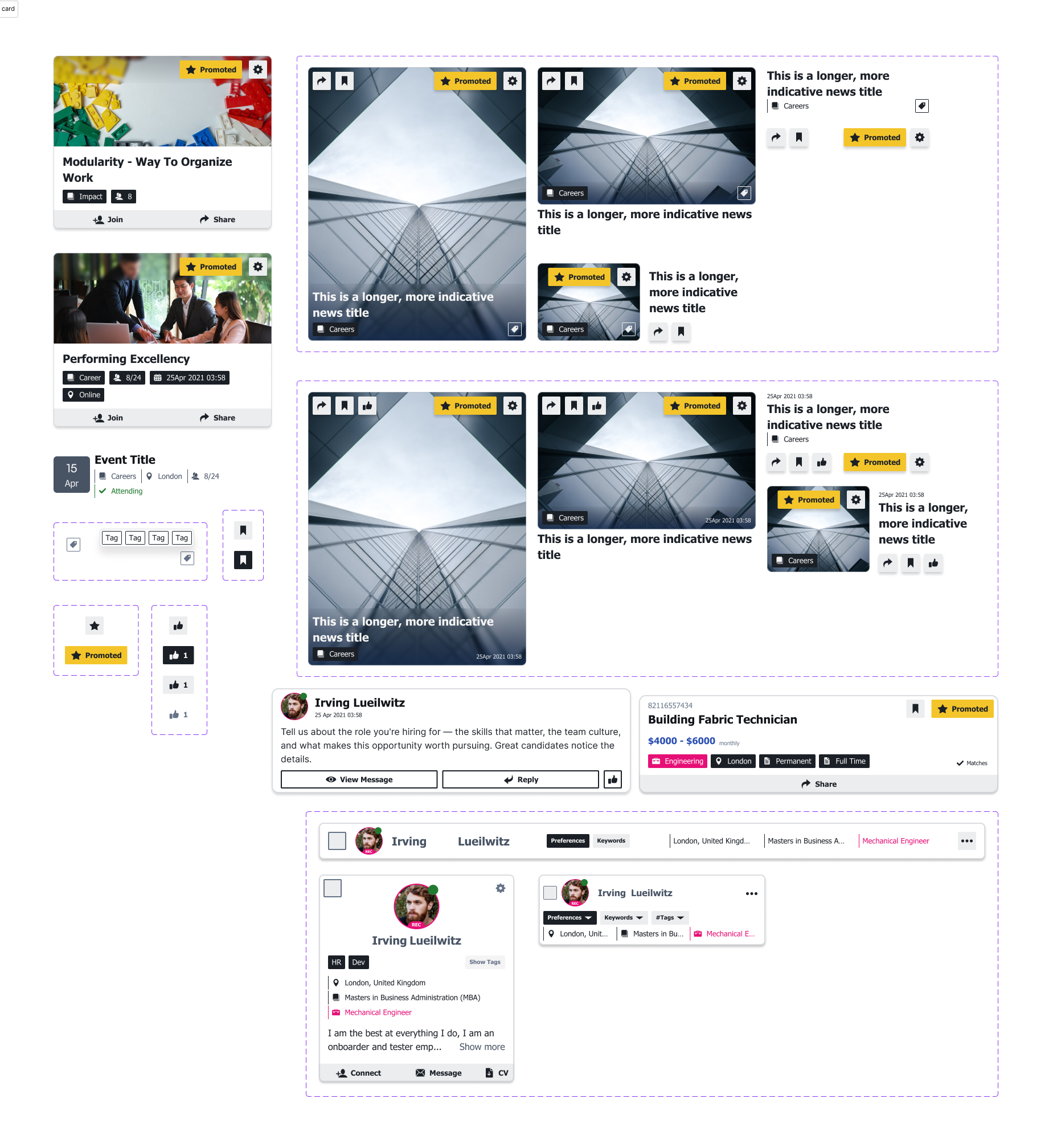 Card component with header, content, and footer regions showing hover and selected states