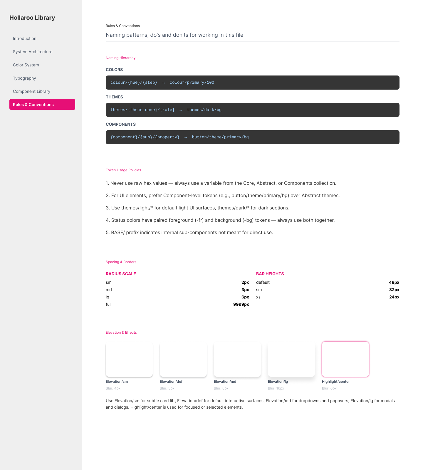 Geometric conventions: 8pt spacing grid, standardised shadow depths, and corner radius scale