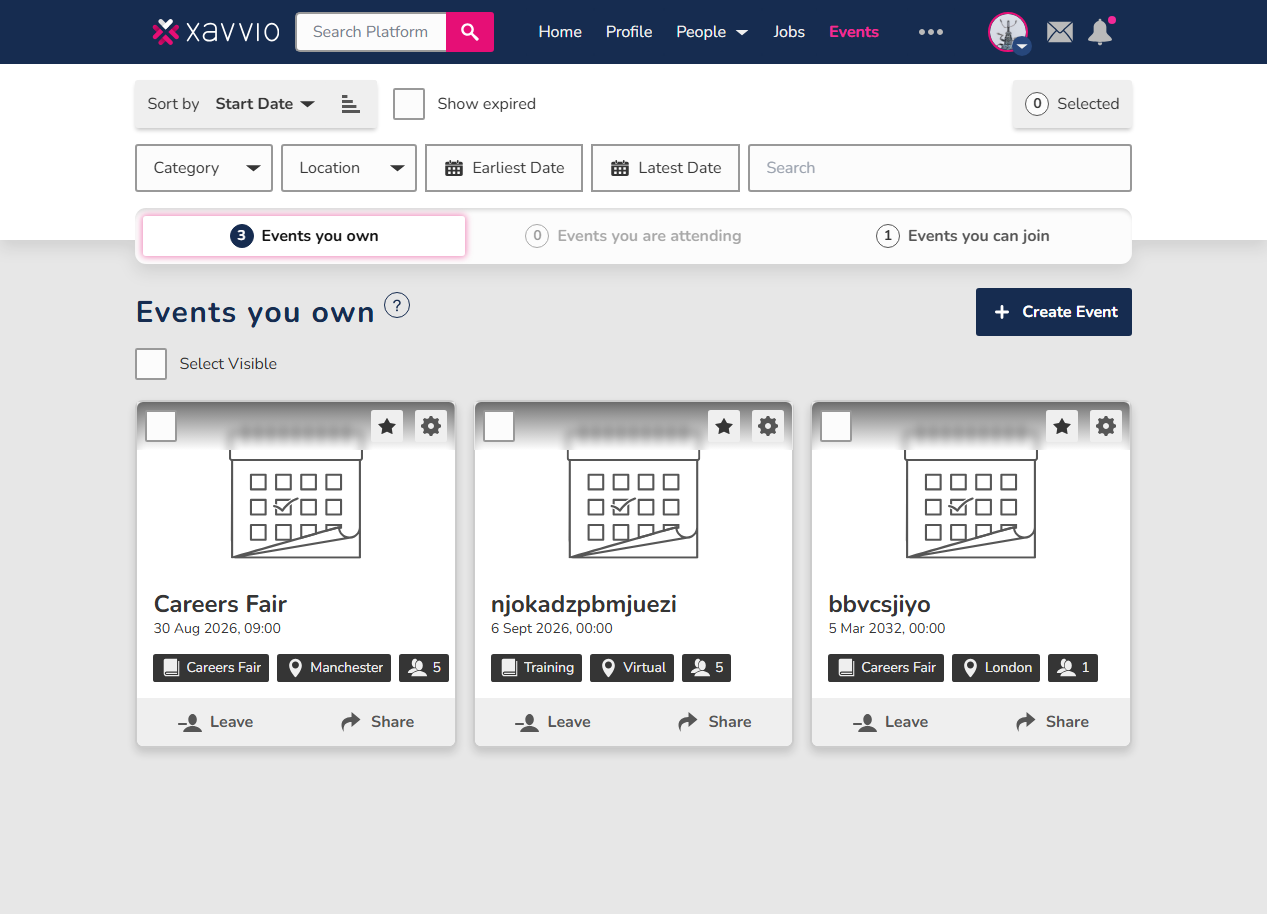 Events interface with instant RSVP interactions
