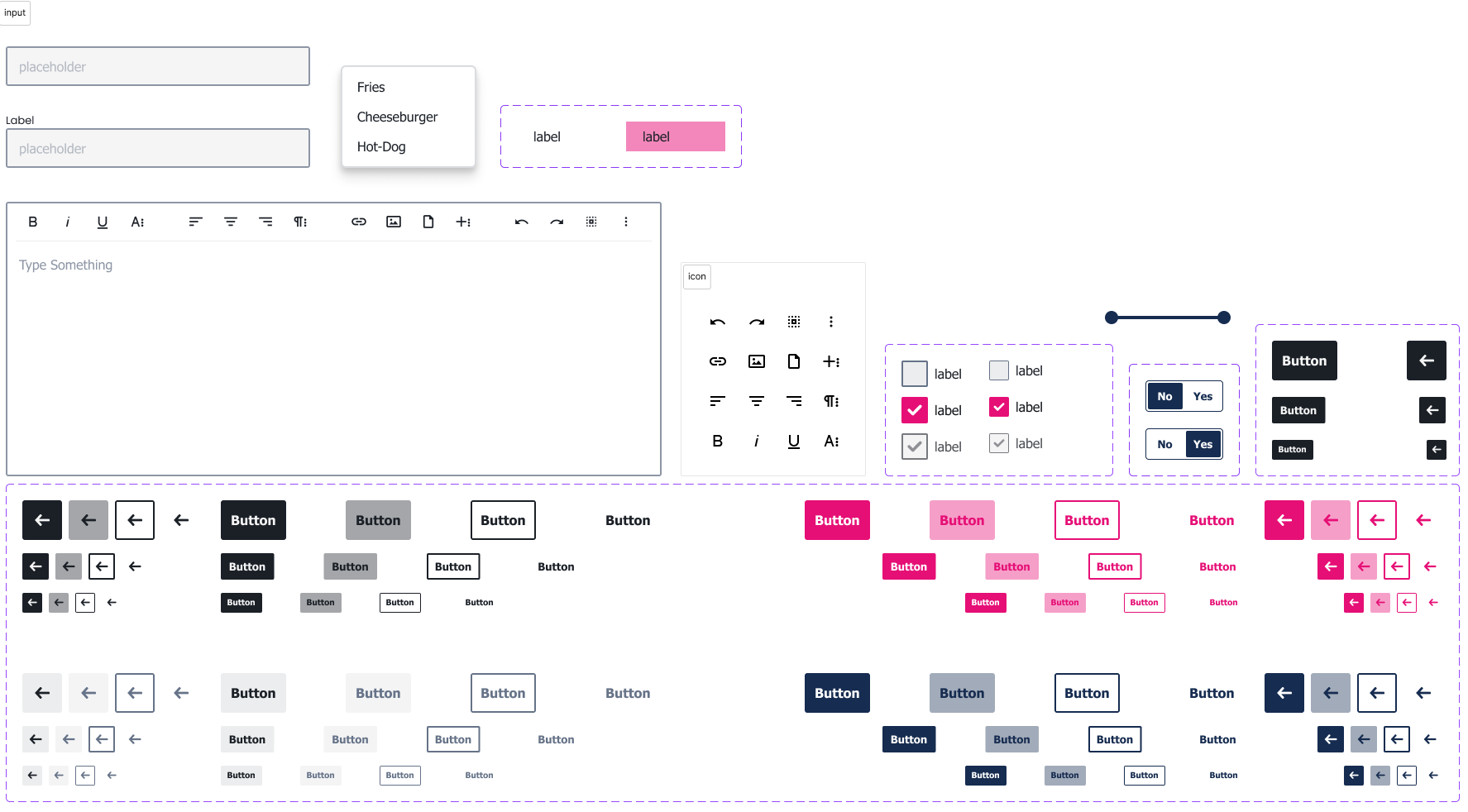 Input primitives including text fields, select dropdowns, and comboboxes in various states