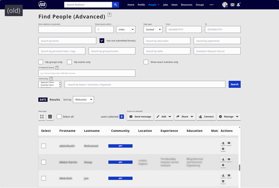 Legacy candidate search showing a sparse table with hidden qualifications