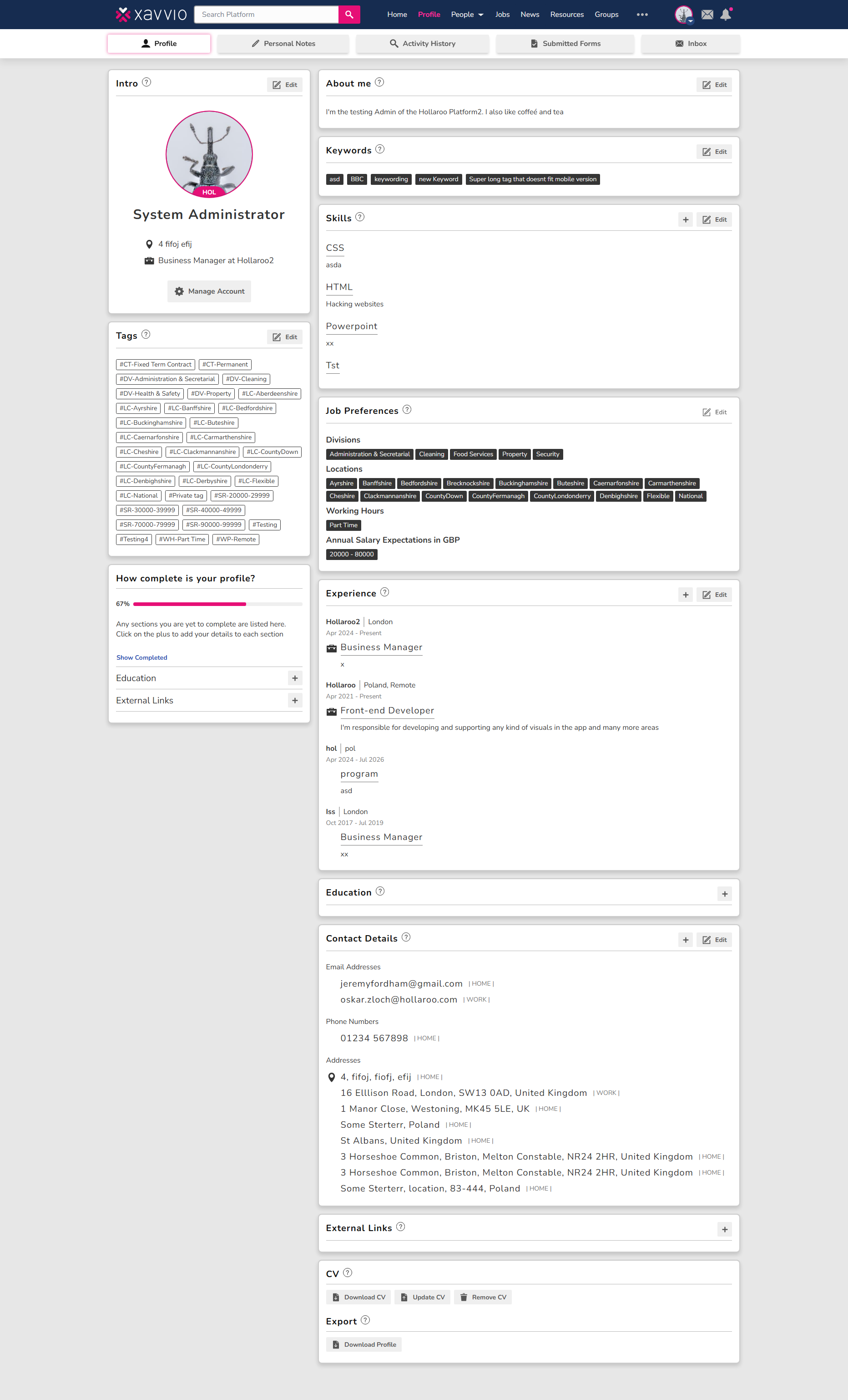 Modern candidate profile dashboard featuring asynchronously loaded sections